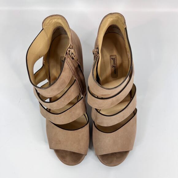 Paul Green Michelle Sandals US 8.5 UK 6 Tan Nubuck Strappy Leather Stacked Heels - Picture 3 of 12
